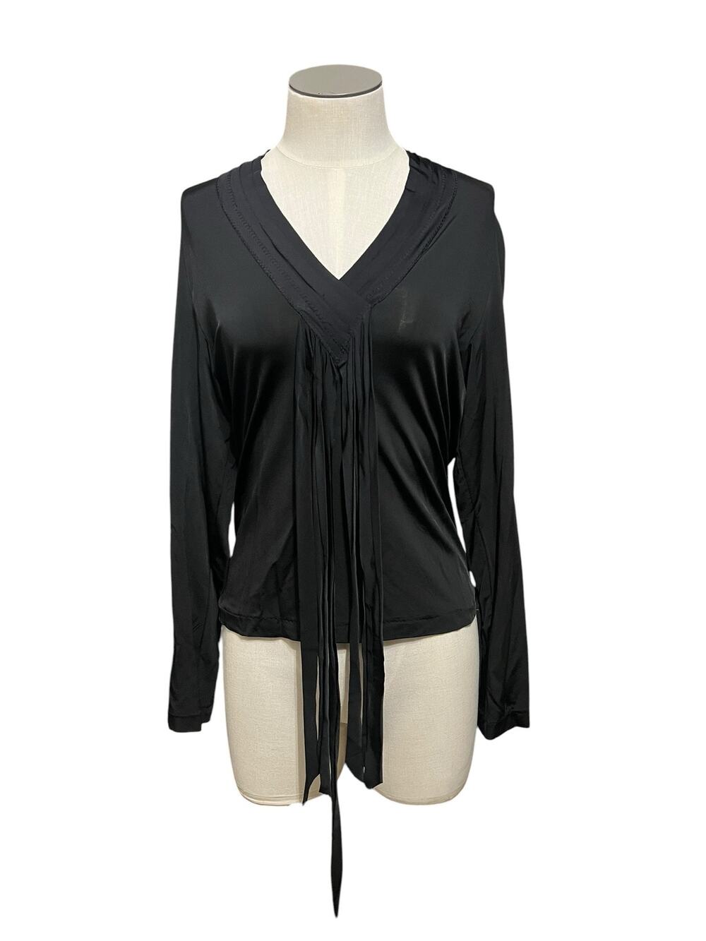 Marie Saint Pierre Quiet Luxury Whimsigoth Witchy Black Fringe Tie Top Sz 2/Med